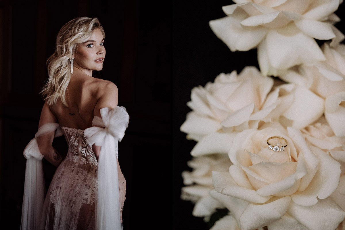 Collage aus editorial Brautportrait und Verlobungsring auf weißer Rose, Luxus Hochzeit im Hotel de Rome. Foto: Melanie Meißner