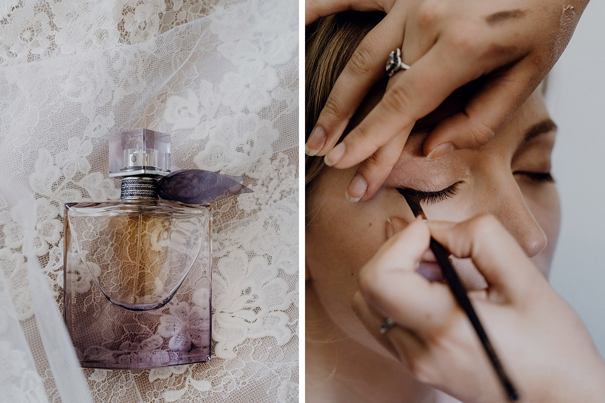 Hochzeitsparfum und Styling-Details der Braut