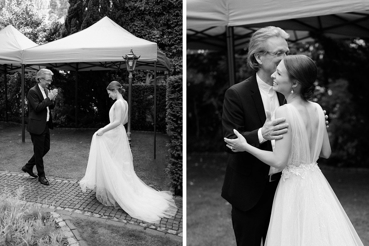 First Look Hochzeitsfoto: Brautvater sieht Braut zum ersten Mal