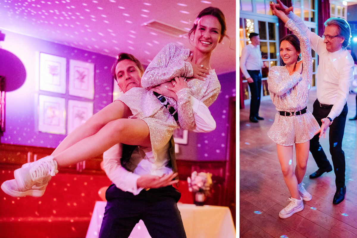 Braut tanzt mit Bräutigam und Vater