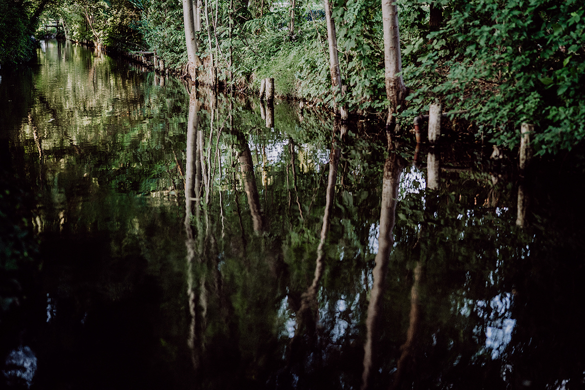 Spreewald Naturaufnahme mit Fließ und sich spiegelnden Bäumen