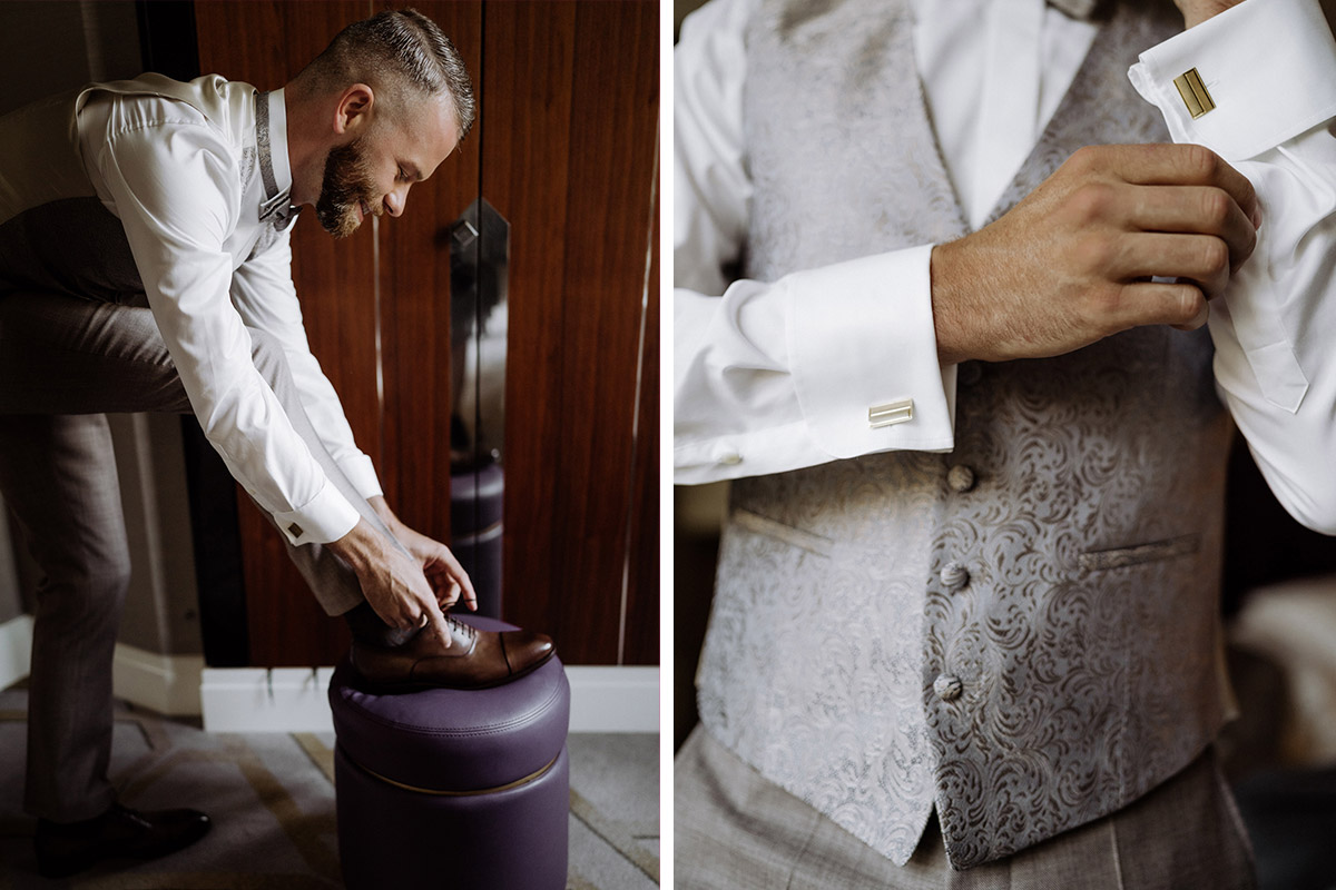 Bräutigam zieht Schuhe und Manschettenknöpfe an