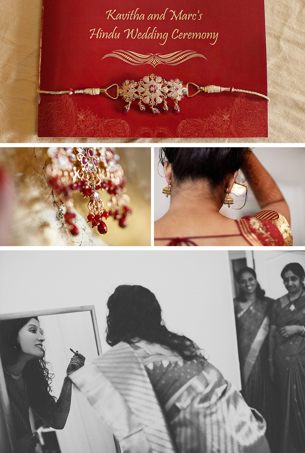 Indian Wedding Details: Collage mit hinduistischer Hochzeitseinladung, traditionellem Goldschmuck und der Braut beim Getting Ready