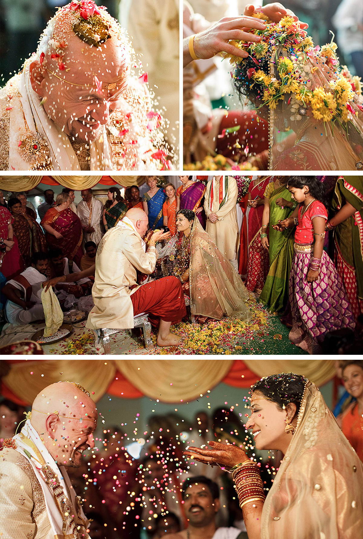 Indian Wedding Photographer Deutschland: Emotionale Fotocollage der hinduistischen Trauung. Strahlendes Brautpaar wird während der Mandap-Zeremonie traditionell mit bunten Blütenblättern und Reis beworfen