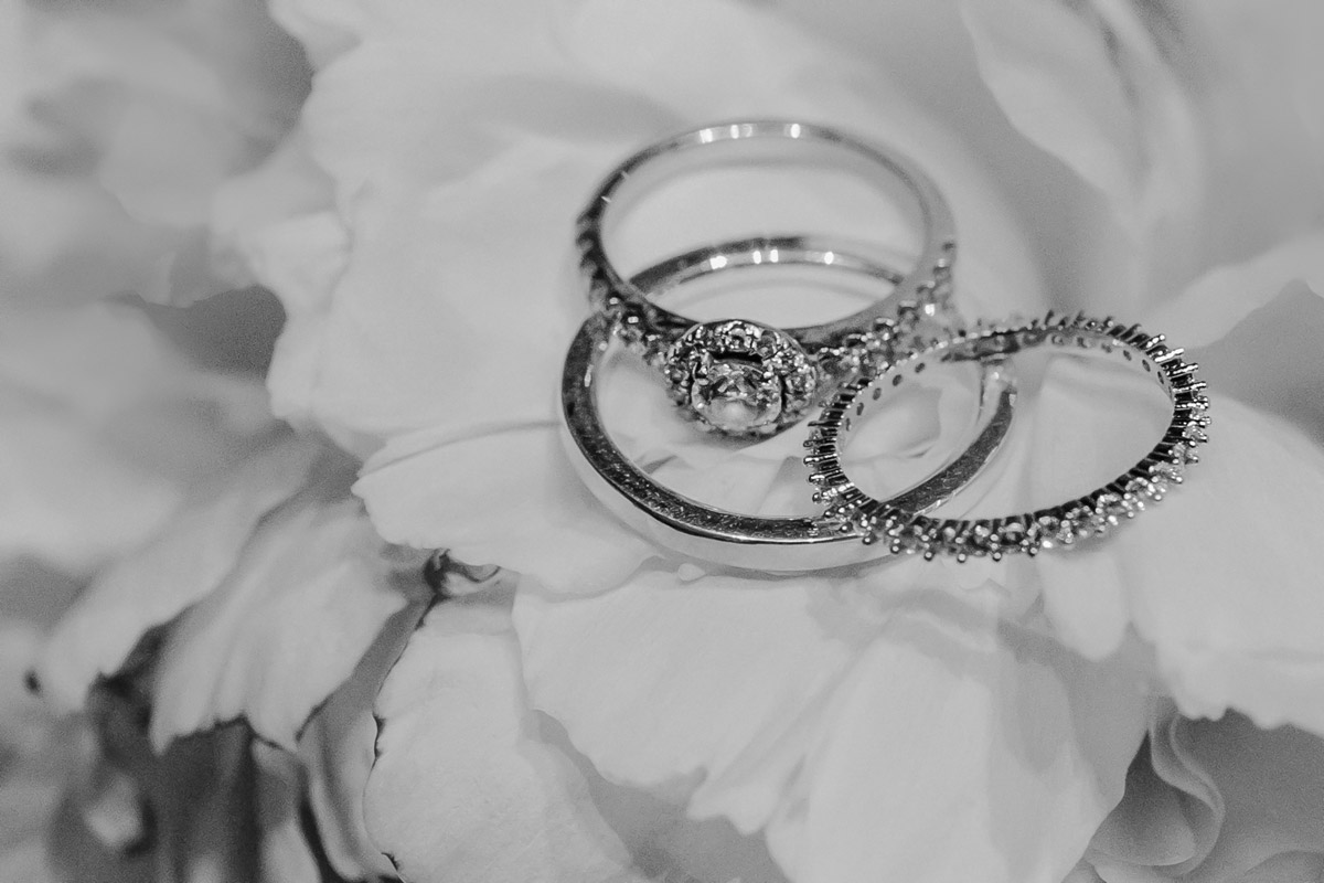 Detailaufnahme: Eheringe und Verlobungsring arrangiert auf einer Pfingstrose