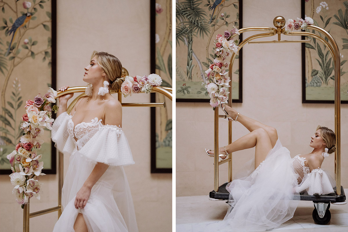 High-End Bridalfashion im Hotel Adlon Berlin: Braut im Editorial-Look auf einem goldenen Kofferwagen. Ein Beispiel für Modefotografie und Magazin-Shootings von Wedding and Fashionphotographer Berlin.